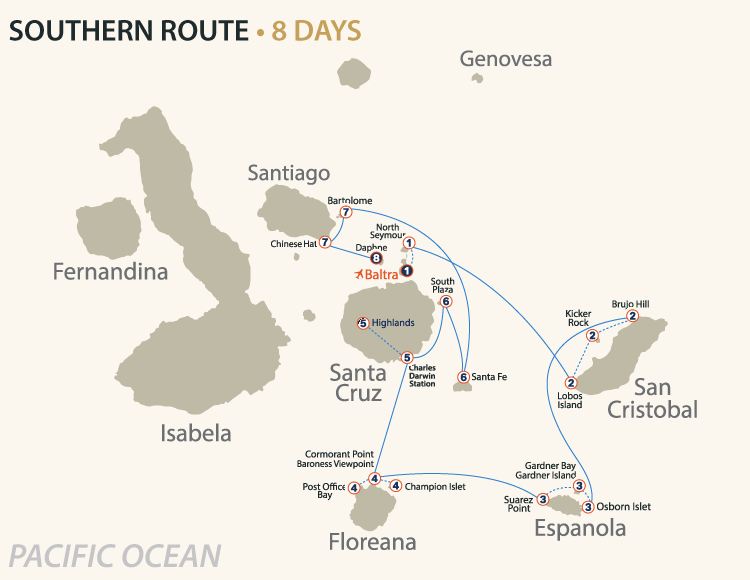 Map of the 8-day Nemo III south itinerary in the Galapagos